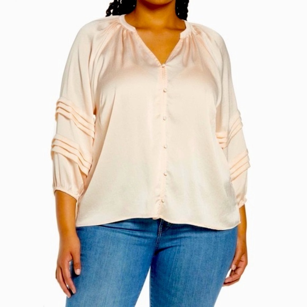 1.STATE Satin Split V Neck Button Front 3/4 Sleeve Blouse Blush Pink Size 3X NWT